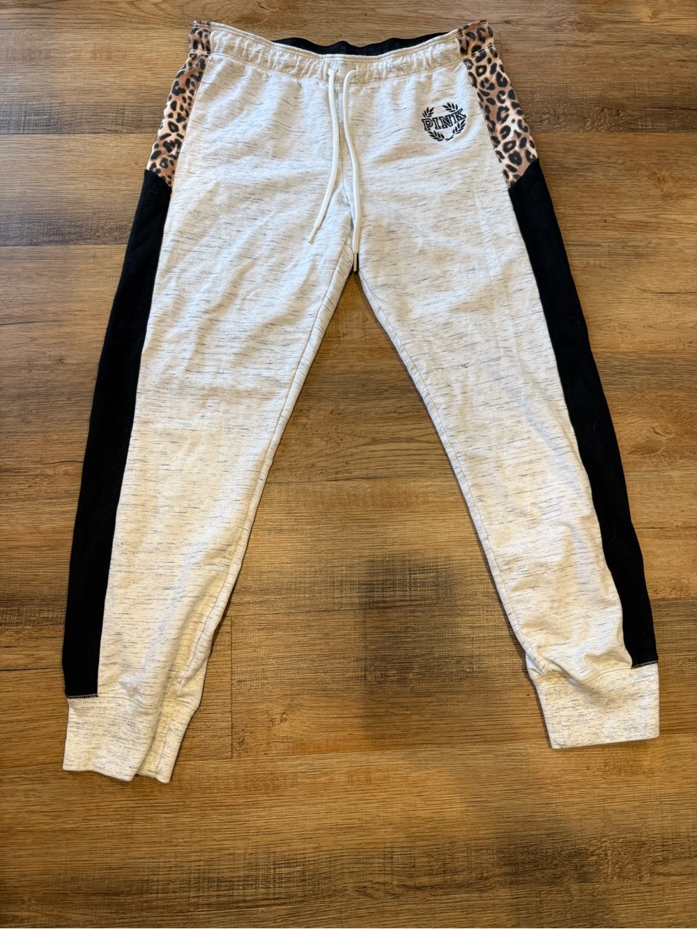PINK Victoria's Secret Cream Joggers with Black Side Panels and Leopard Trim